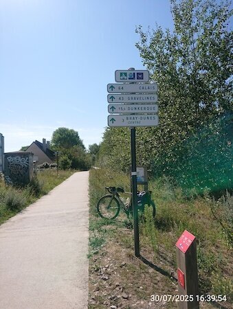 Radweg mit Wegweißer und kleinem Hinweisschild zur Grenze