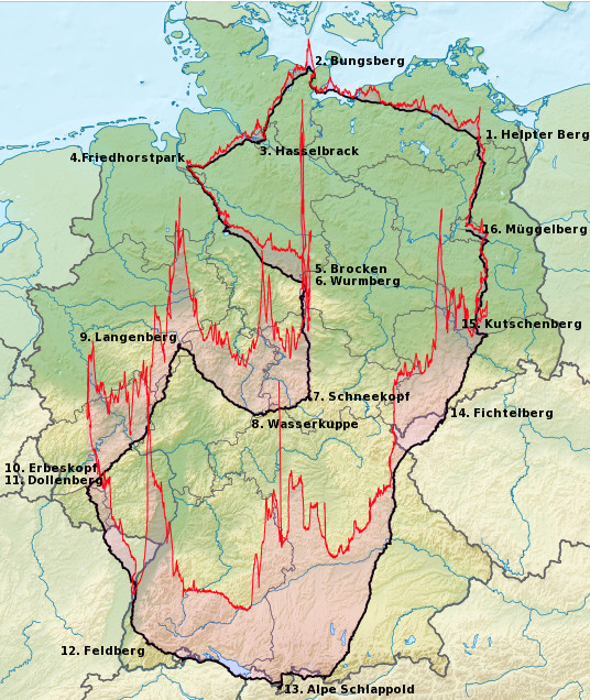Reliefkarte Deutschlang mit Route